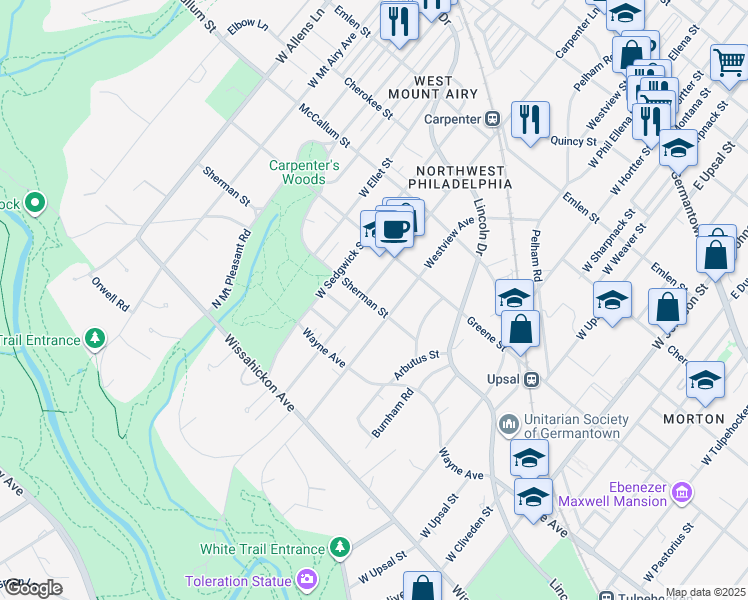 map of restaurants, bars, coffee shops, grocery stores, and more near 6831 Sherman Street in Philadelphia