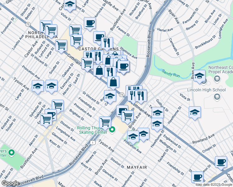 map of restaurants, bars, coffee shops, grocery stores, and more near 2599 Pennsylvania 73 in Philadelphia