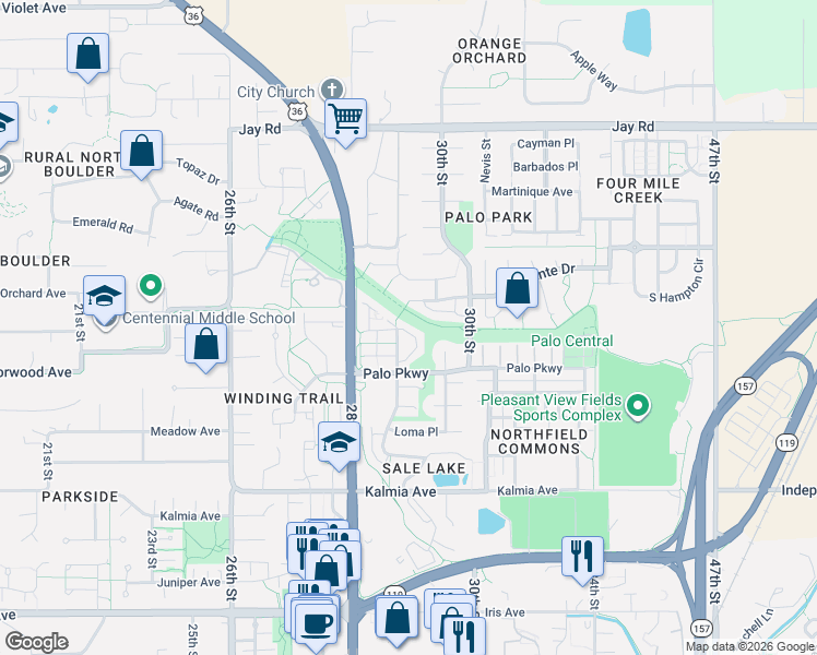 map of restaurants, bars, coffee shops, grocery stores, and more near 4185 Corriente Place in Boulder