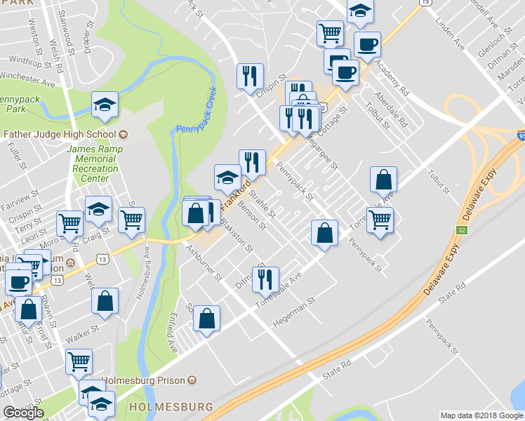 map of restaurants, bars, coffee shops, grocery stores, and more near 4454 Strahle Street in Philadelphia
