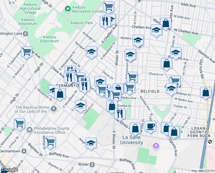 map of restaurants, bars, coffee shops, grocery stores, and more near 921R39 Church Lane in Philadelphia