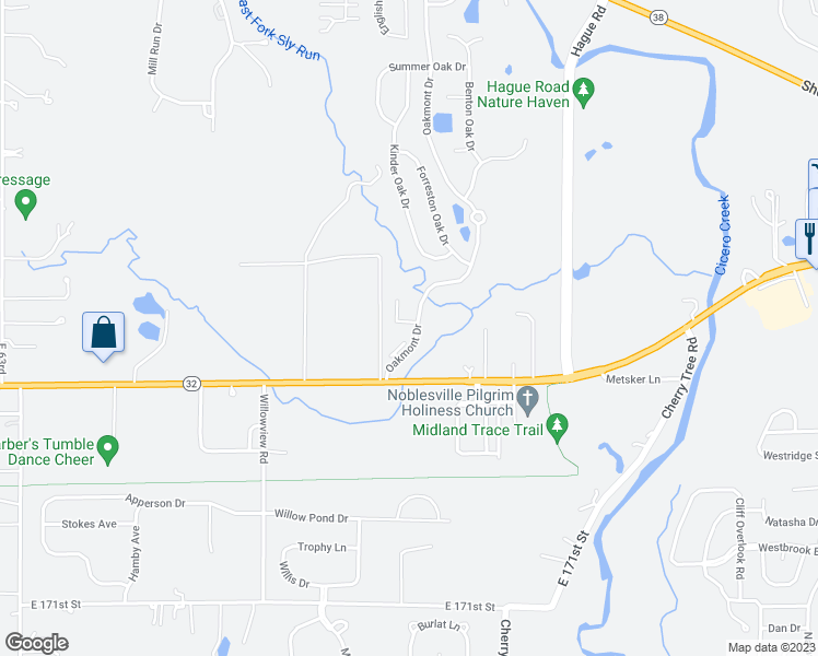 map of restaurants, bars, coffee shops, grocery stores, and more near 17713 Oak Edge Circle in Noblesville