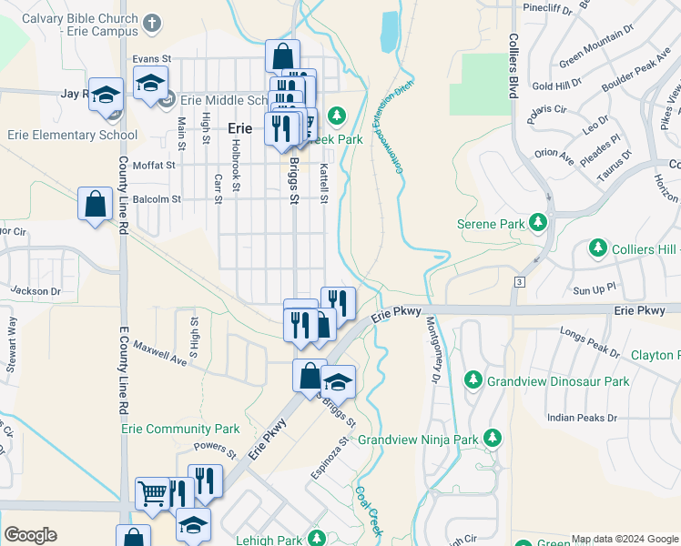 map of restaurants, bars, coffee shops, grocery stores, and more near 125 Huntley Creek Court in Erie