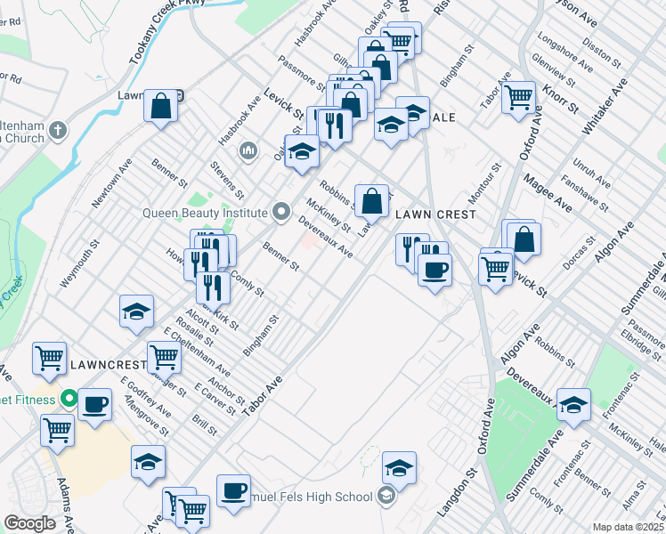 map of restaurants, bars, coffee shops, grocery stores, and more near 6122 Lawndale Avenue in Philadelphia