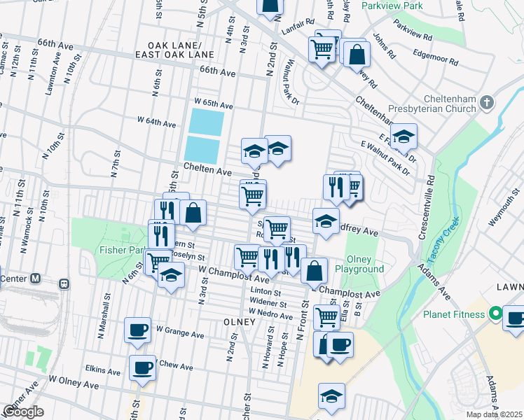 map of restaurants, bars, coffee shops, grocery stores, and more near 6216 North Palethorp Street in Philadelphia