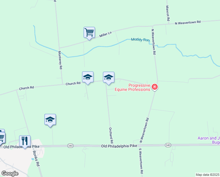 map of restaurants, bars, coffee shops, grocery stores, and more near 67 Orchard Road in Bird in Hand
