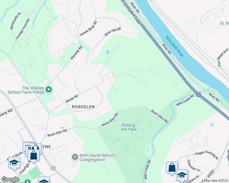 map of restaurants, bars, coffee shops, grocery stores, and more near 1501 Monk Road in Gladwyne