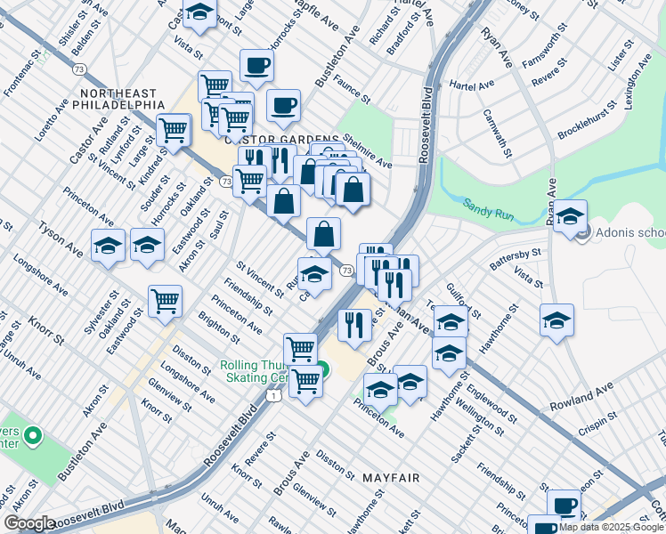 map of restaurants, bars, coffee shops, grocery stores, and more near 2599 Pennsylvania 73 in Philadelphia
