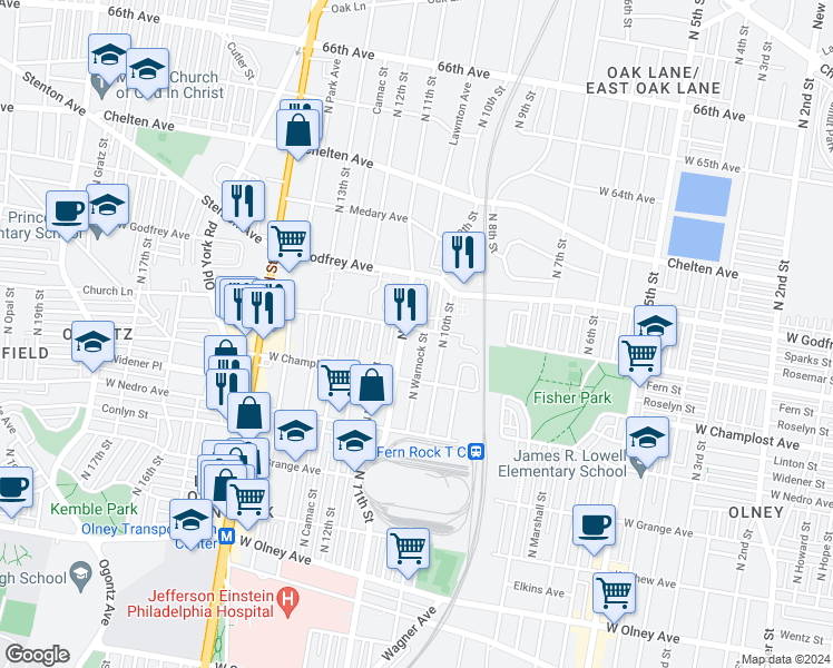 map of restaurants, bars, coffee shops, grocery stores, and more near 1020 West Spencer Street in Philadelphia