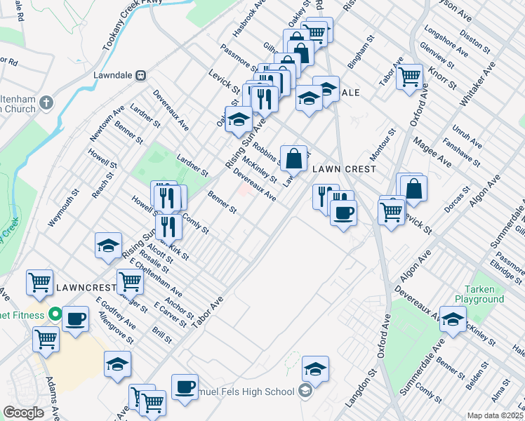 map of restaurants, bars, coffee shops, grocery stores, and more near 6122 Lawndale Avenue in Philadelphia