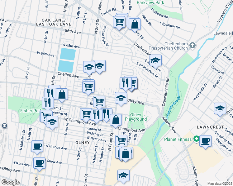 map of restaurants, bars, coffee shops, grocery stores, and more near 6220 North Front Street in Philadelphia