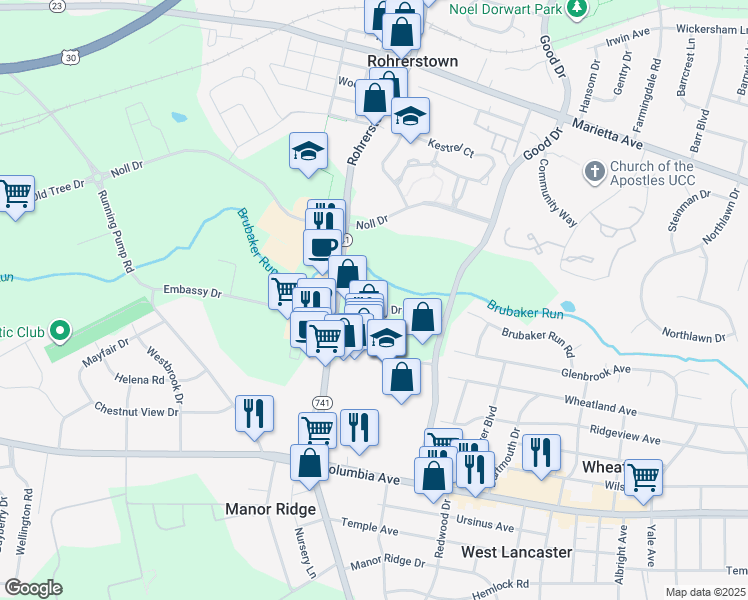 map of restaurants, bars, coffee shops, grocery stores, and more near 2192 Embassy Drive in Lancaster