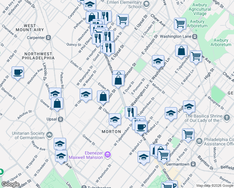 map of restaurants, bars, coffee shops, grocery stores, and more near 6364 Germantown Avenue in Philadelphia