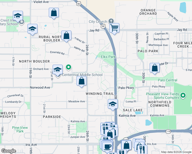 map of restaurants, bars, coffee shops, grocery stores, and more near 3880 26th Street in Boulder
