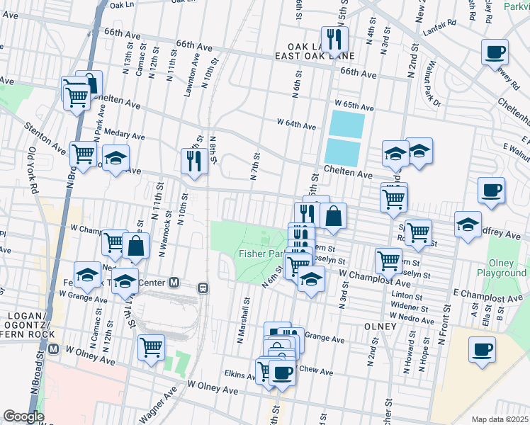 map of restaurants, bars, coffee shops, grocery stores, and more near 6125 North Marshall Street in Philadelphia