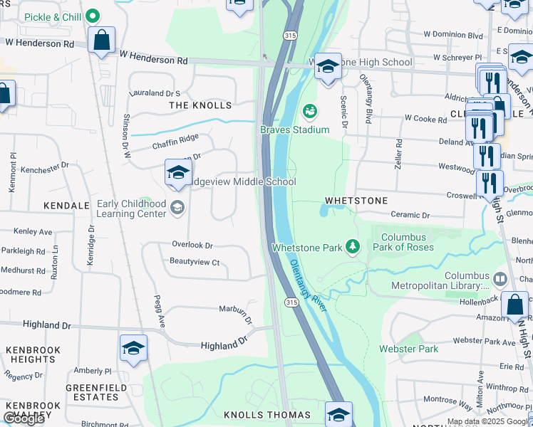 map of restaurants, bars, coffee shops, grocery stores, and more near Ohio 315 in Columbus