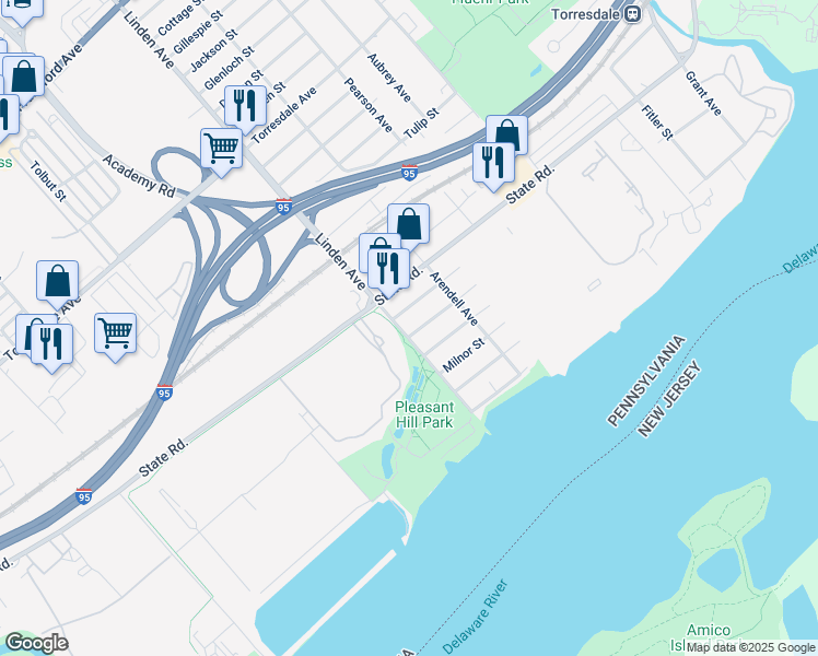 map of restaurants, bars, coffee shops, grocery stores, and more near 5027 Linden Avenue in Philadelphia