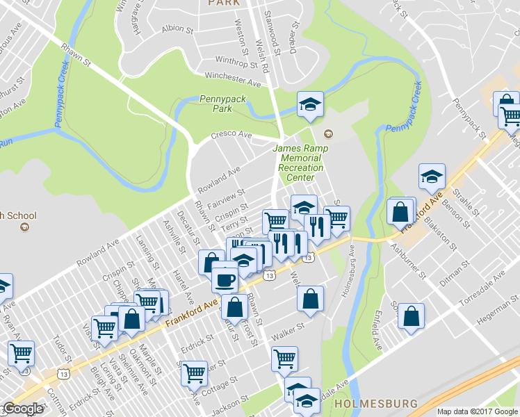 map of restaurants, bars, coffee shops, grocery stores, and more near 8136 Terry Street in Philadelphia