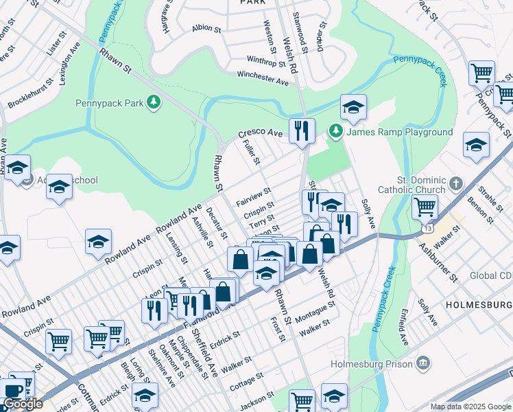 map of restaurants, bars, coffee shops, grocery stores, and more near 8018 Crispin Street in Philadelphia