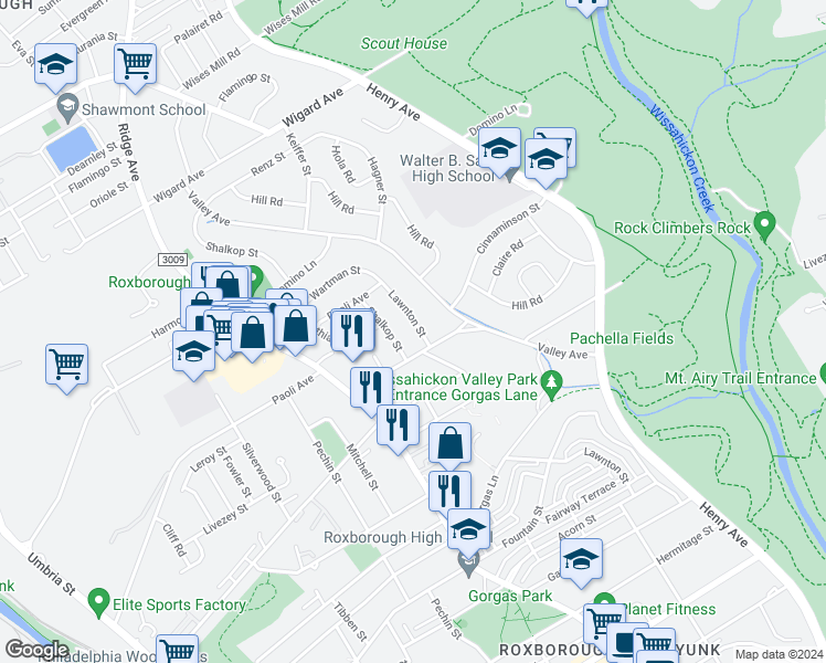 map of restaurants, bars, coffee shops, grocery stores, and more near 6904 Lawnton Street in Philadelphia