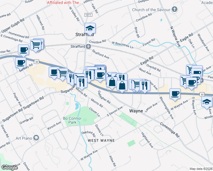 map of restaurants, bars, coffee shops, grocery stores, and more near 200 Eagle Road in Wayne