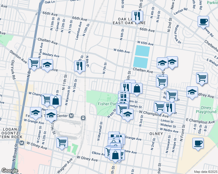 map of restaurants, bars, coffee shops, grocery stores, and more near 6125 North Marshall Street in Philadelphia