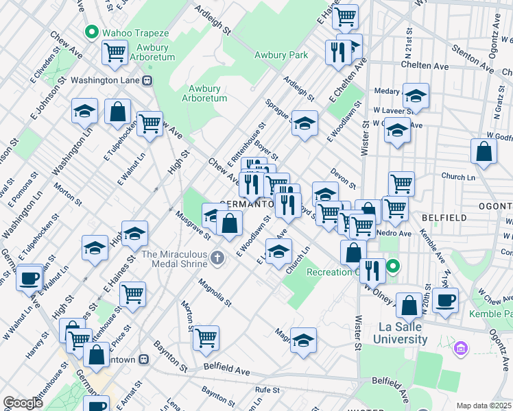 map of restaurants, bars, coffee shops, grocery stores, and more near 740 East Chelten Avenue in Philadelphia