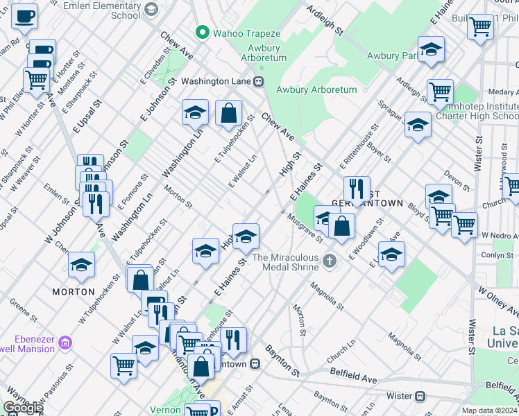 map of restaurants, bars, coffee shops, grocery stores, and more near 504 High Street in Philadelphia