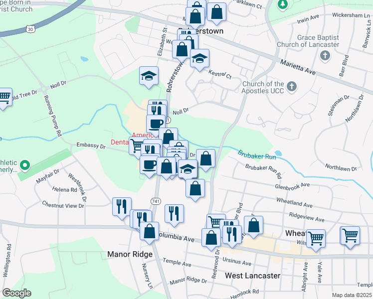 map of restaurants, bars, coffee shops, grocery stores, and more near 2173 Embassy Drive in Lancaster