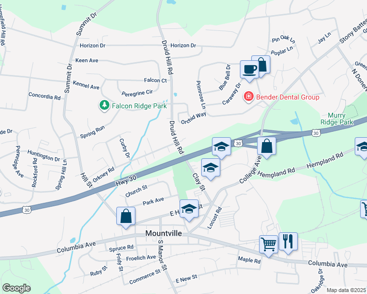 map of restaurants, bars, coffee shops, grocery stores, and more near 3590 Orkney Rd in Mountville