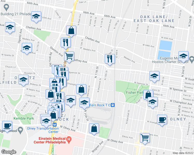 map of restaurants, bars, coffee shops, grocery stores, and more near 6047 North 11th Street in Philadelphia