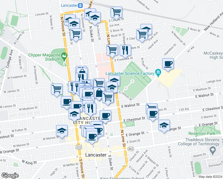 map of restaurants, bars, coffee shops, grocery stores, and more near 141 East Lemon Street in Lancaster