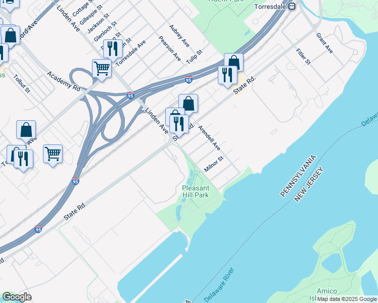 map of restaurants, bars, coffee shops, grocery stores, and more near 5027 Linden Avenue in Philadelphia