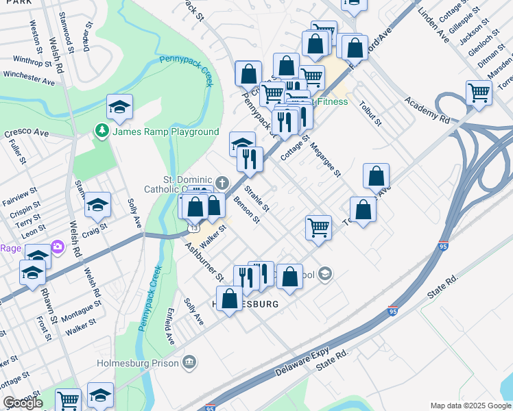 map of restaurants, bars, coffee shops, grocery stores, and more near 4452 Strahle Street in Philadelphia