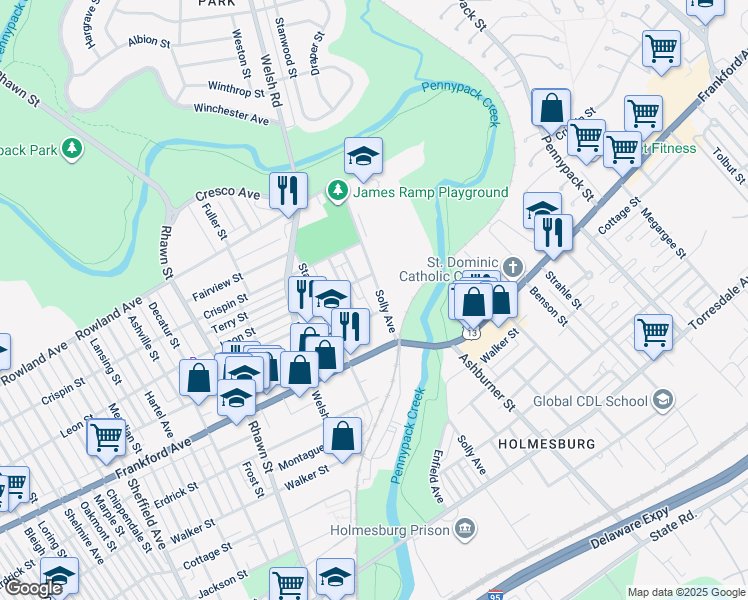 map of restaurants, bars, coffee shops, grocery stores, and more near 3522 Solly Avenue in Philadelphia