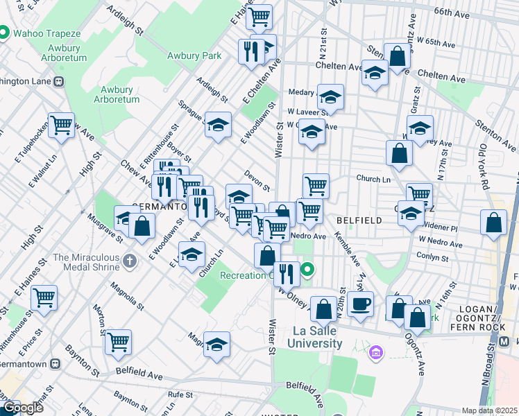 map of restaurants, bars, coffee shops, grocery stores, and more near 913 Church Lane in Philadelphia