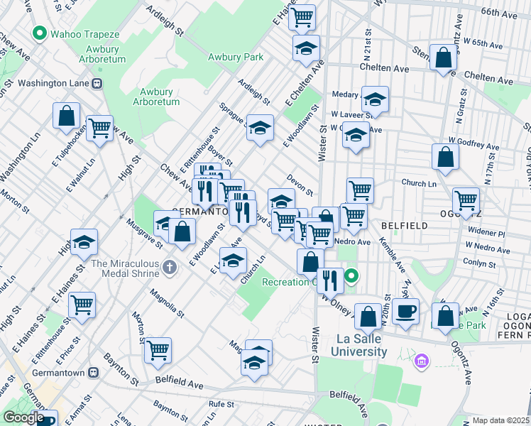 map of restaurants, bars, coffee shops, grocery stores, and more near 848 East Locust Avenue in Philadelphia