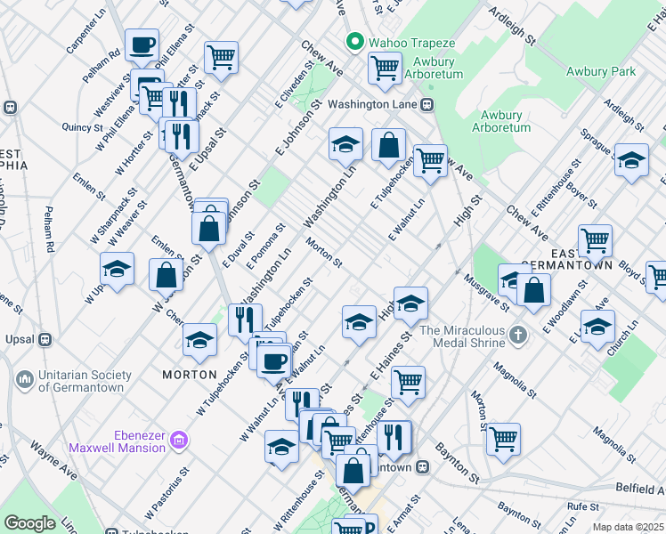 map of restaurants, bars, coffee shops, grocery stores, and more near 6144 Morton Street in Philadelphia