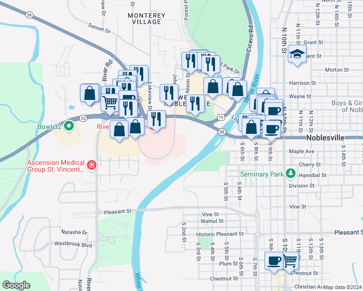 map of restaurants, bars, coffee shops, grocery stores, and more near 295 Westfield Road in Noblesville