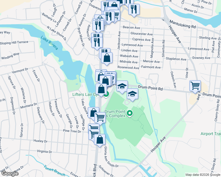 map of restaurants, bars, coffee shops, grocery stores, and more near 383 Brick Boulevard in Brick Township