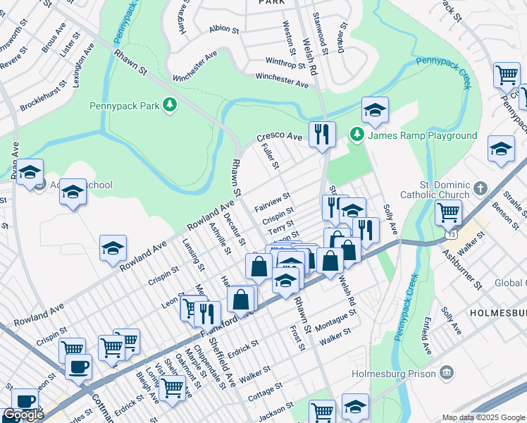map of restaurants, bars, coffee shops, grocery stores, and more near 8017 Fairview Street in Philadelphia