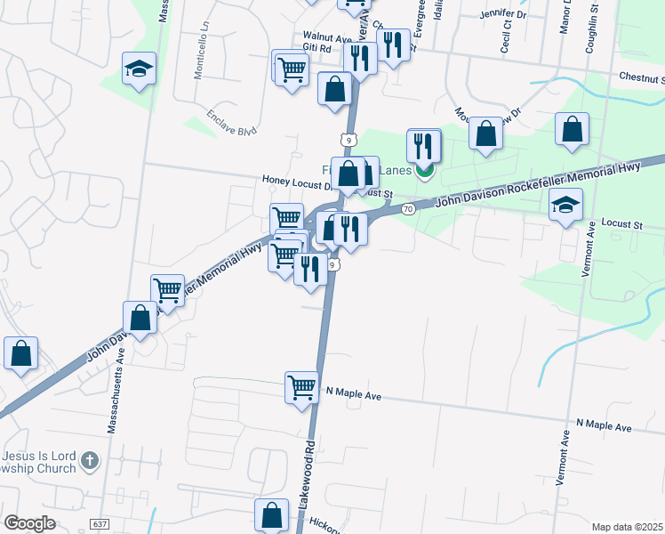 map of restaurants, bars, coffee shops, grocery stores, and more near 2338 Lakewood Road in Toms River