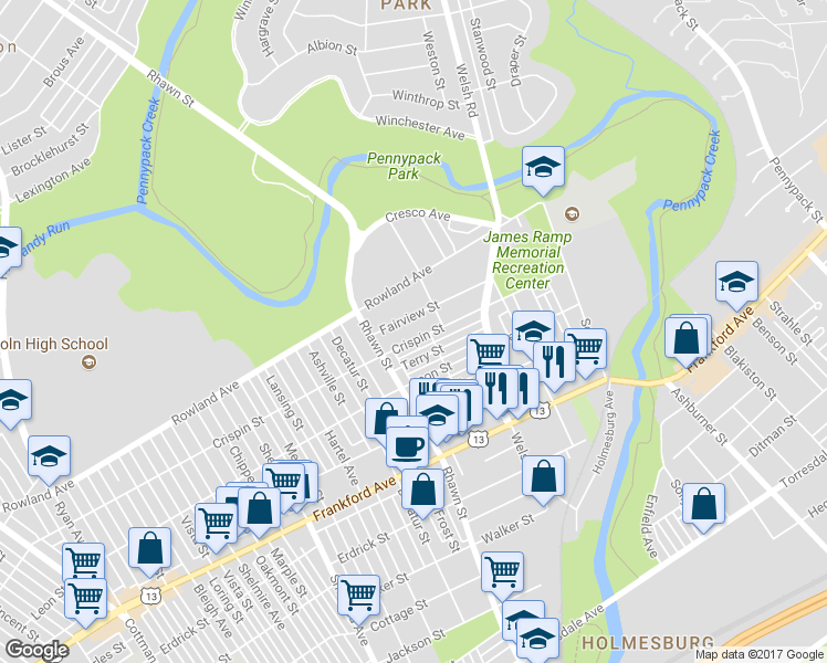 map of restaurants, bars, coffee shops, grocery stores, and more near 8018 Crispin Street in Philadelphia
