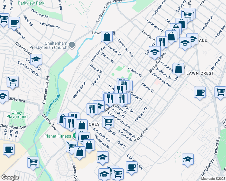 map of restaurants, bars, coffee shops, grocery stores, and more near 450 East Howell Street in Philadelphia