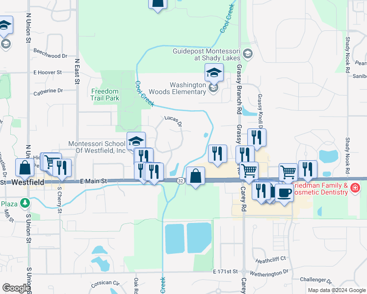 map of restaurants, bars, coffee shops, grocery stores, and more near 17733 Cedarbrook Drive in Westfield