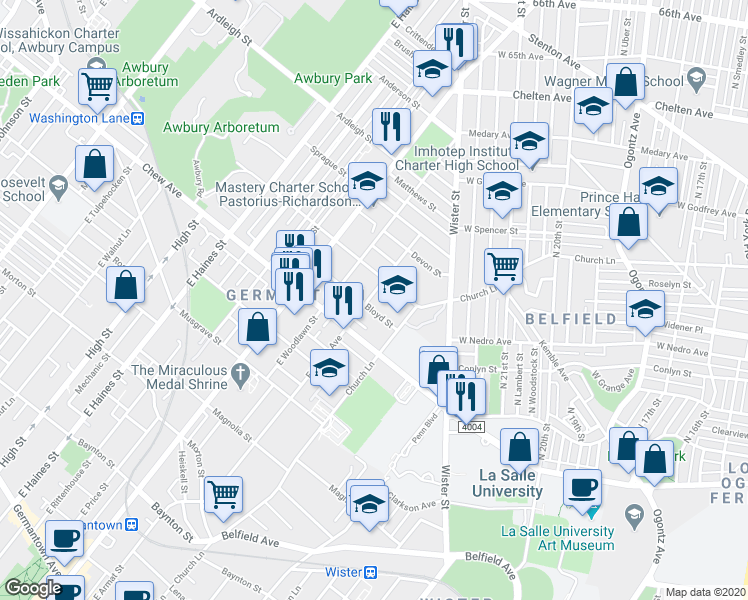 map of restaurants, bars, coffee shops, grocery stores, and more near 848 East Locust Avenue in Philadelphia
