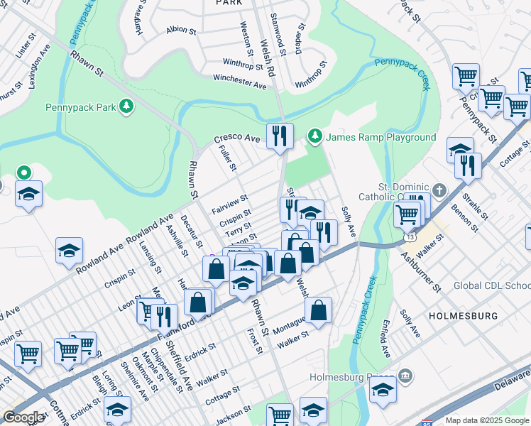 map of restaurants, bars, coffee shops, grocery stores, and more near 8136 Terry Street in Philadelphia