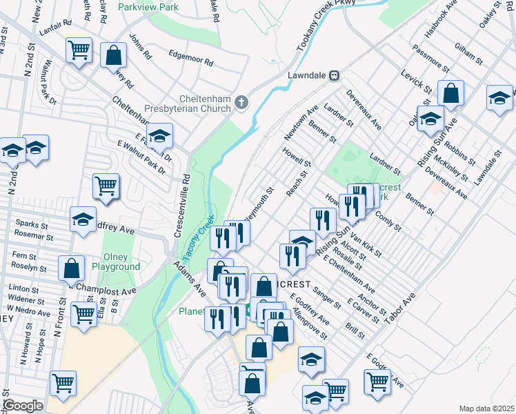 map of restaurants, bars, coffee shops, grocery stores, and more near 5798 Weymouth Street in Philadelphia