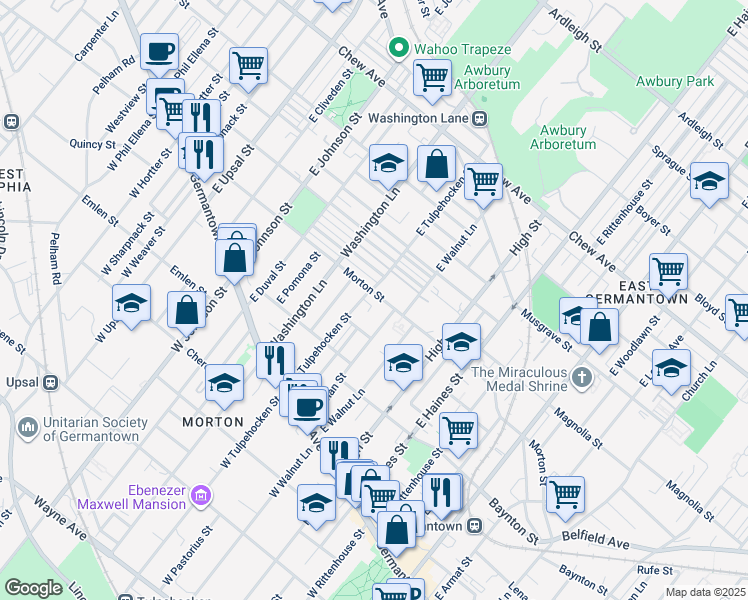 map of restaurants, bars, coffee shops, grocery stores, and more near 6144 Morton Street in Philadelphia