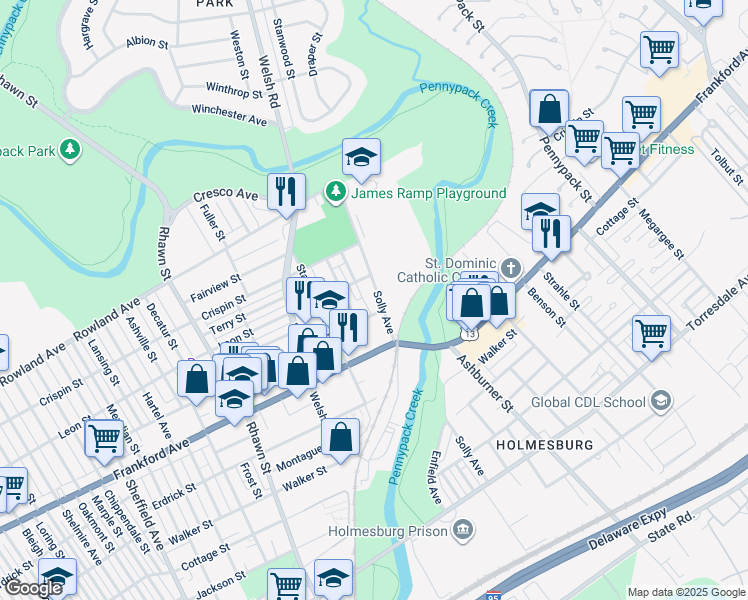 map of restaurants, bars, coffee shops, grocery stores, and more near 3522 Solly Avenue in Philadelphia